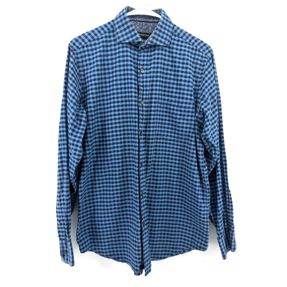 Bugatchi Classic Fit Teal Navy Blue Check Shirt Flip Cuff Paisley Trim Men M EUC